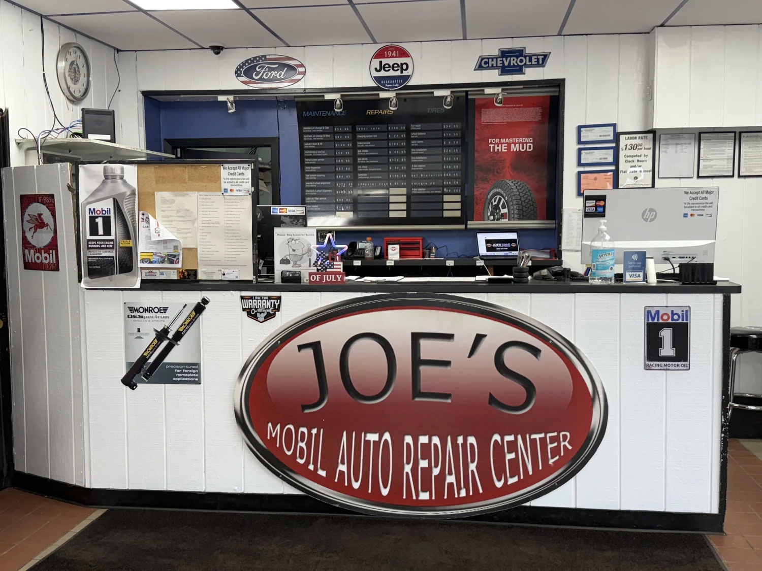 Inside Joe's Mobil Auto Repair Center service counter