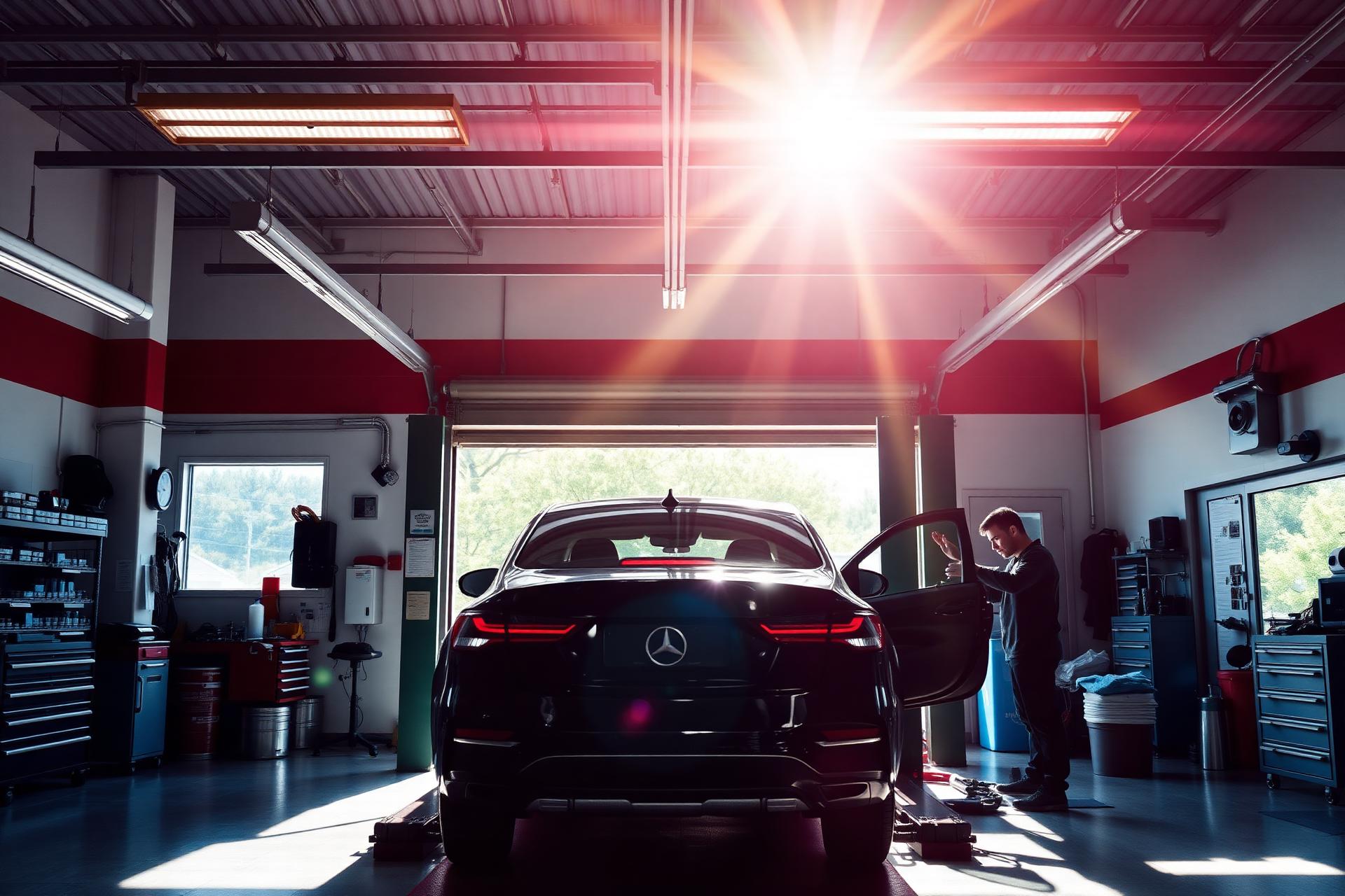 Mechanic working under a lifted car in Joe's Mobil service bay