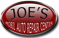 A red and white logo for joe 's bil auto repair center.